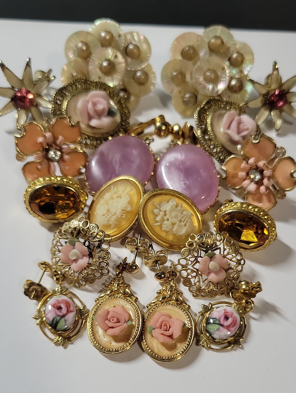 Gold-Tone Floral Cameo Drop Earrings - Pink, Peach & Cream